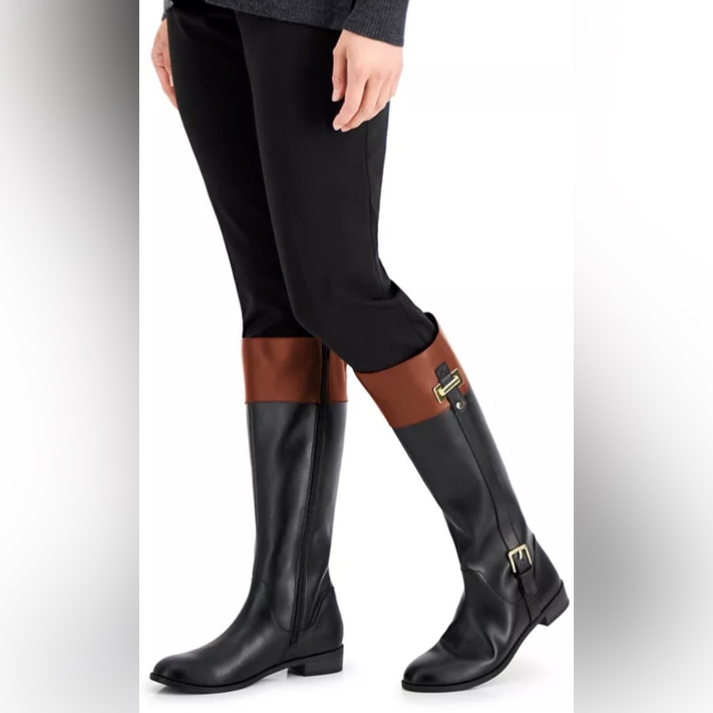•KAREN SCOTT•NWOB BLACK & COGNAC DELIEE FAUX LEATHER RIDING BOOT- 6.5 WIDE CALF